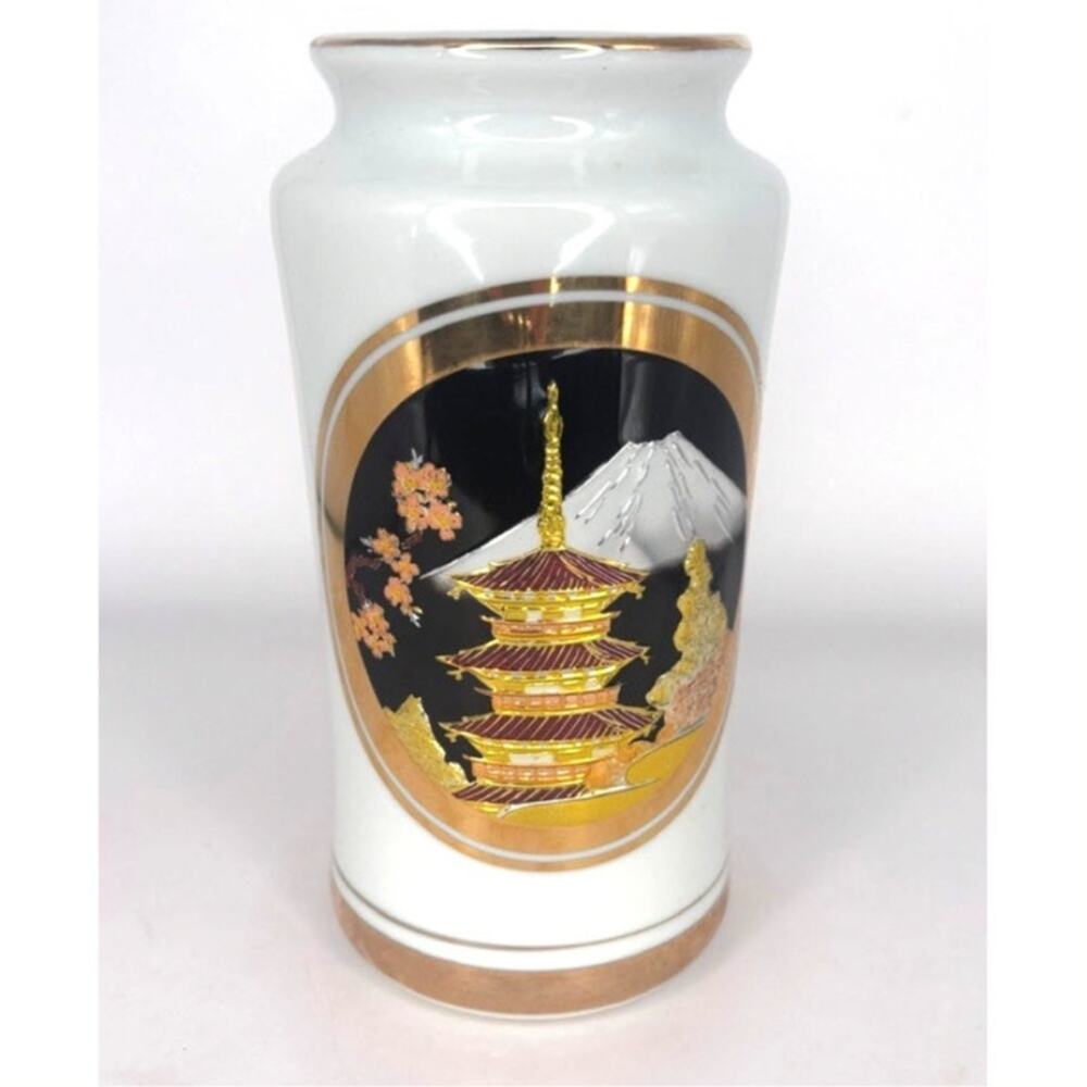 Vintage Vase Chokin Art Made in Japan Temple & Mt. Fuji Gold Silver Copper White